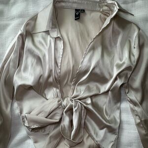 Windsor Satin Tie-Front Blouse in Light Taupe